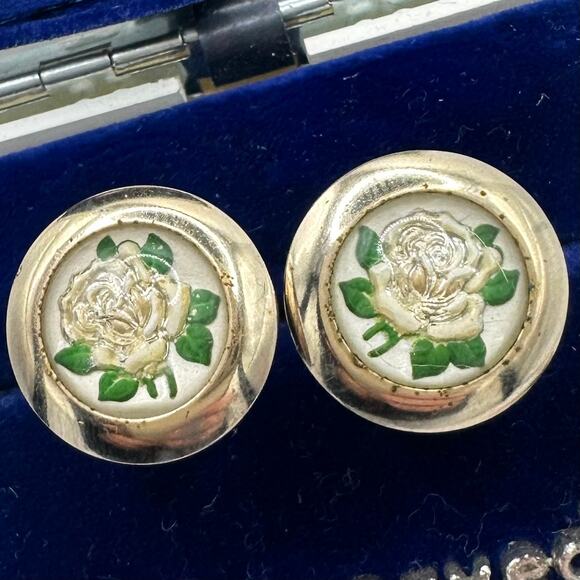 Vintage gold tone domed glass reverse painted intaglio roses cameos cufflinks - Picture 3 of 8